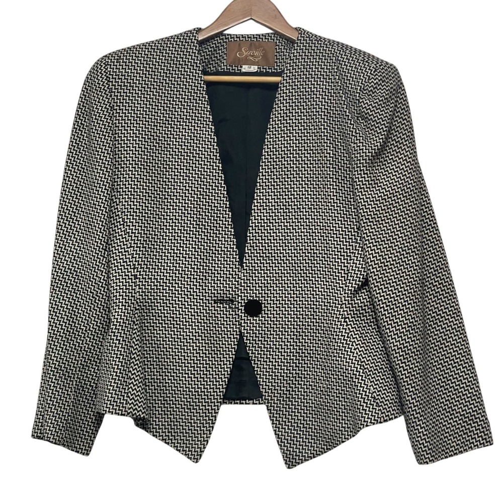 Saville Vintage 100% Pure Wool Chevron Blazer Black White Cropped Size 12 USA